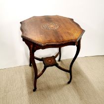 An inlaid two tier, oak veneered occasional table on castors, H. 71cm W. 60cm. A/F to inlay