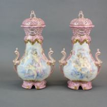 A pair of continental porcelain Pot Pourri jars and covers, H.37 cm.