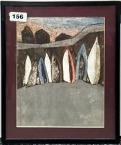 A framed original art work "collagraph" by Cary Whitworth of Canoes at Mousehole, frame size, 26 x