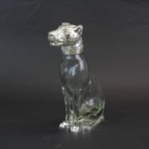 A unusual silver plate and glass dog shaped decanter, H. 24cm.