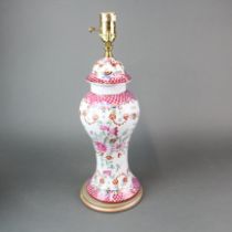 An oriental style hand painted porcelain vase and cover, mounted as a lamp base, H. 47cm.