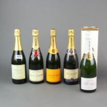 Four bottles of mixed champagne and one sparkling wine.