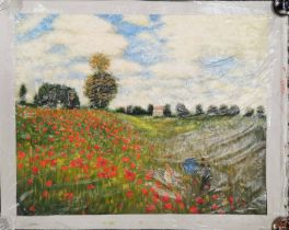 An unmounted oil on canvas depicting a walk through a poppy field, 73 x 92cm.
