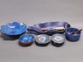 A group of six studio pottery items, all signed, with three wooden items.