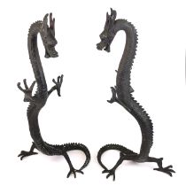 A pair of bronze rearing dragons, H. 40cm.