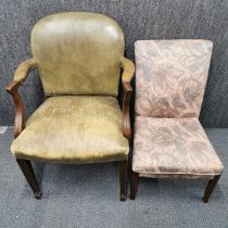 A leather and oak armchair together with a Parker Knoll floral upholstered hall chair, largest H.