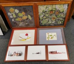 A pair of framed Batik and other artworks, 51 x 49cm.