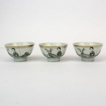 Three early 20thC Chinese porcelain tea bowls. D. 6.5 cms. A/F