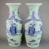A pair of large Chinese 19th/20th century hand painted celadon and blue porcelain vases, H. 61cm.