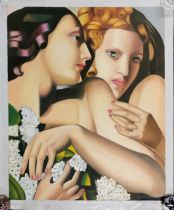 An unmounted oil on canvas of two women and flowers, 78 x 69cm.