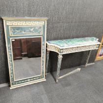 A 1940's Italian painted console table and mirror, one leg detached, table H. 88cm W. 123cm.