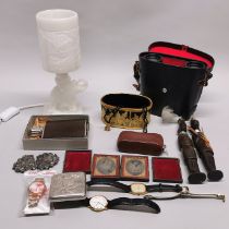 A box of mixed interesting items including Victorian photographs.