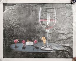 An unmounted oil on canvas depicting a dinner party for anthropomorphic grapes and cork, 72 x 87cm.