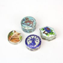 Three .925 silver pill boxes and one enamelled. Largest 3 cms.