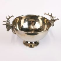 A silver plated stags head handled bowl, W. 26cm.