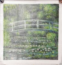 An unmounted oil on canvas, done in the style of Claude Monet's 'Bridge over a Pond of Water Lilies'