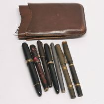 A leather case of mixed fountain pens.