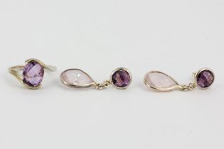 A pair of 925 silver drop earrings set with amethyst and rose quartz together with a 925 silver