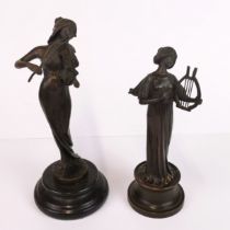 Two small bronze figures of girls playing instruments, tallest H. 19cm.