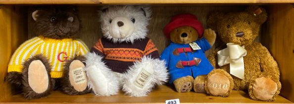Two Georgio Beverly Hills year bears with a Paddington and a 2010 Steiff.