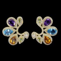 A pair of gold on 925 silver earrings set with pear cut amethyst, blue topaz, citrine, peridot and