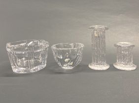 Two pieces of signed cut crystal (one Orrefors) with a pair of crystal candlesticks, largest W.