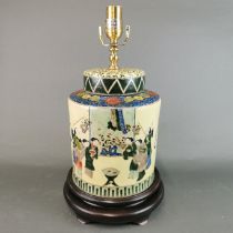 A Chinese hand enamelled porcelain jar and lid mounted as a lamp base, H. 43cm.