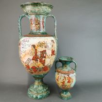 A large Greek painted terracotta vase, H. 62cm, slightly A/F, together with a similar smaller vase.