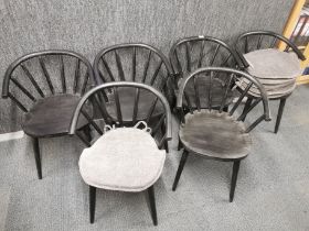 A set of six tub style dining chairs with matching cushions, H. 77cm.
