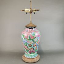 A large Chinese hand enamelled porcelain vase mounted circa 1920 as a table lamp, H. 56cm.