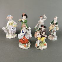 A group of six Sitzendorf porcelain figurines, tallest H. 17.5cm.