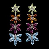 A pair of 925 silver drop earrings set with marquise cut blue topaz, rodolite garnets, citrines