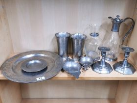 A group of ten pewter and glass items, all stamped. Largest Dia. 33cm.