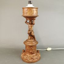 A 19th century metal oil lamp base converted for use of a table lamp, H. 38cm.