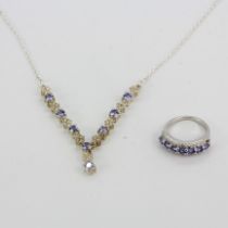 A 925 silver necklace set with round cut tanzanite and white topaz necklace, L.45cm , together