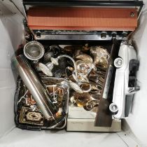 A box of silver plate and other items.