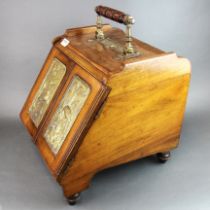 A 19th century walnut and brass coal box with unusual handle operated door opening mechanism, W.