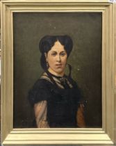 A large continental gilt framed oil on canvas of a lady. Re-lined. 69 x 83 cms