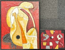 Two black metal framed abstract oils on canvas signed Ballert '02. 26 x 21 and 41 x 51 cms