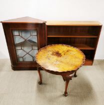 A mahogany bookshelf, 95 x 87cm together with a mahogany inlaid corner cabinet, H. 95cm and an early