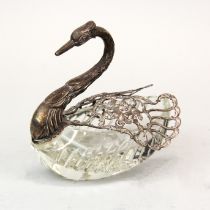 A silver mounted cut crystal swan bowl with articulated wings. Old style 925 hallmark. 13 x 13 x