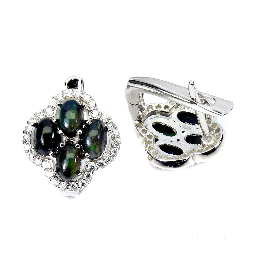 A matching pair of 925 silver earrings set with cabochon cut black opals and white stones, L. 1. - Image 2 of 2