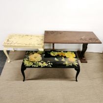 A lacquered low coffee table together with a re-painted early 20th century side table and a carved