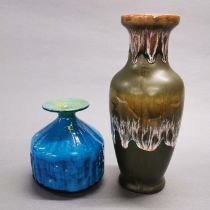 A studio pottery vase with drip glaze decoration, H. 27cm. Together with a blue studio glass bud