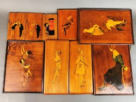 A group of lovely 1920's marquetry and inked panels of girls in risque situations with gentlemen,