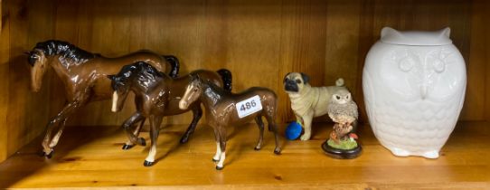 A group of three Beswick horses and other items.