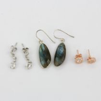 Three pairs of 925 silver stone set drop earrings including labradorite, largest L. 4cm.