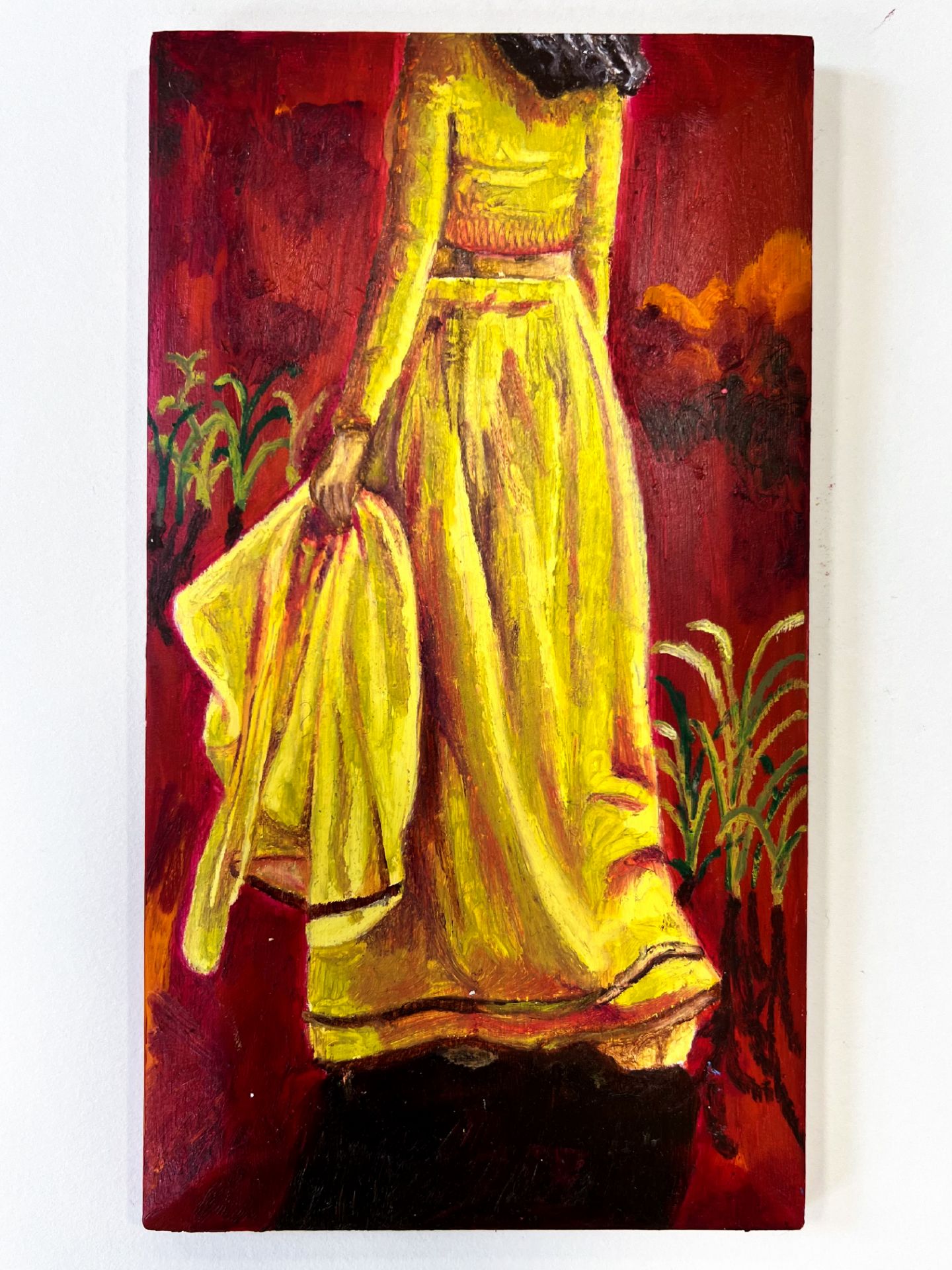 Sophia Bharmal, "Panel 3", oil paint & oil stick on wood, 22.3 x 12.2cm, c. 2023. This speaks about