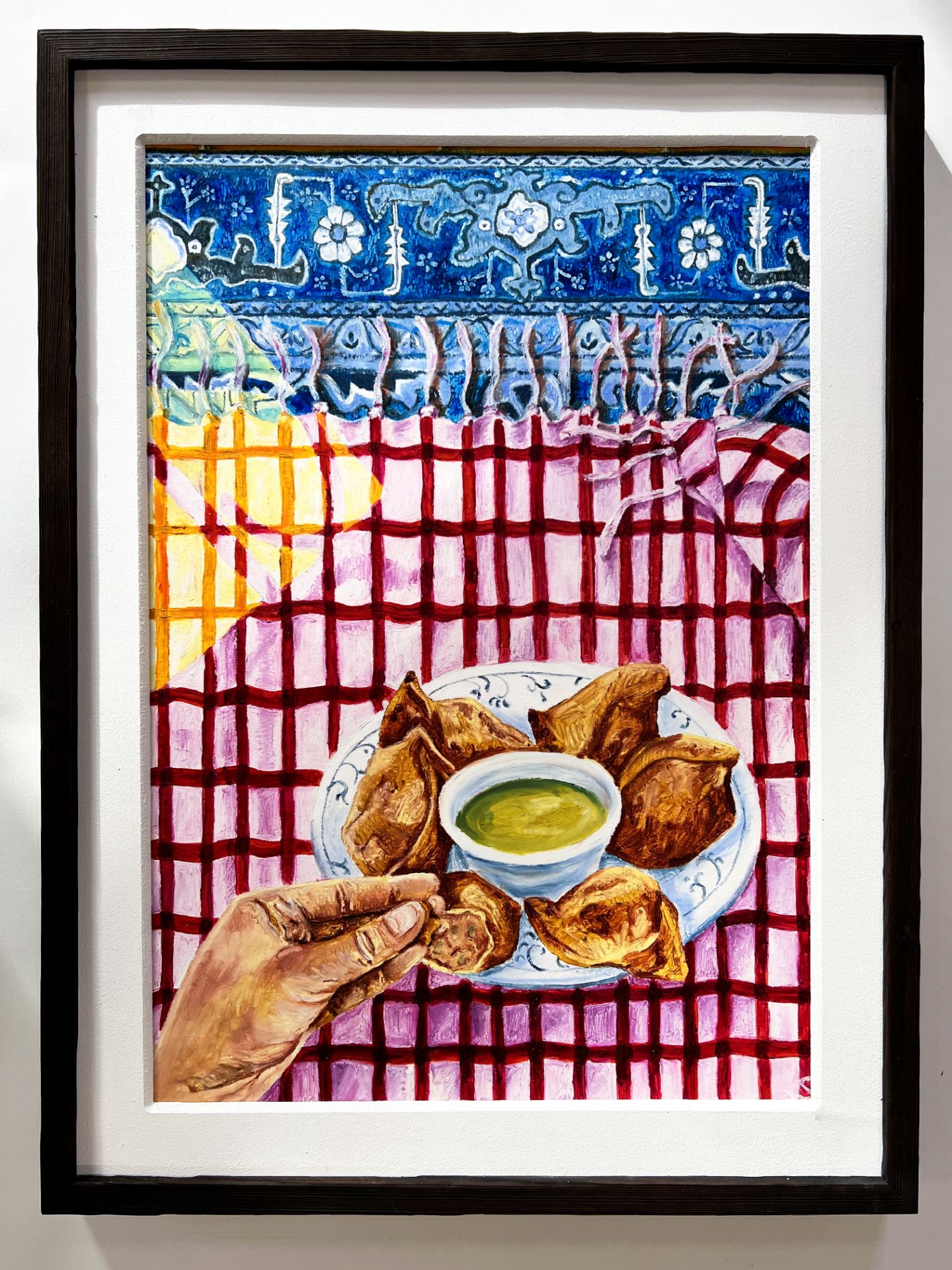 Sophia Bharmal, "Samosa's on Sunday", oil paint & oil stick on paper, framed 69.5 x 49.5cm, c. 2022.