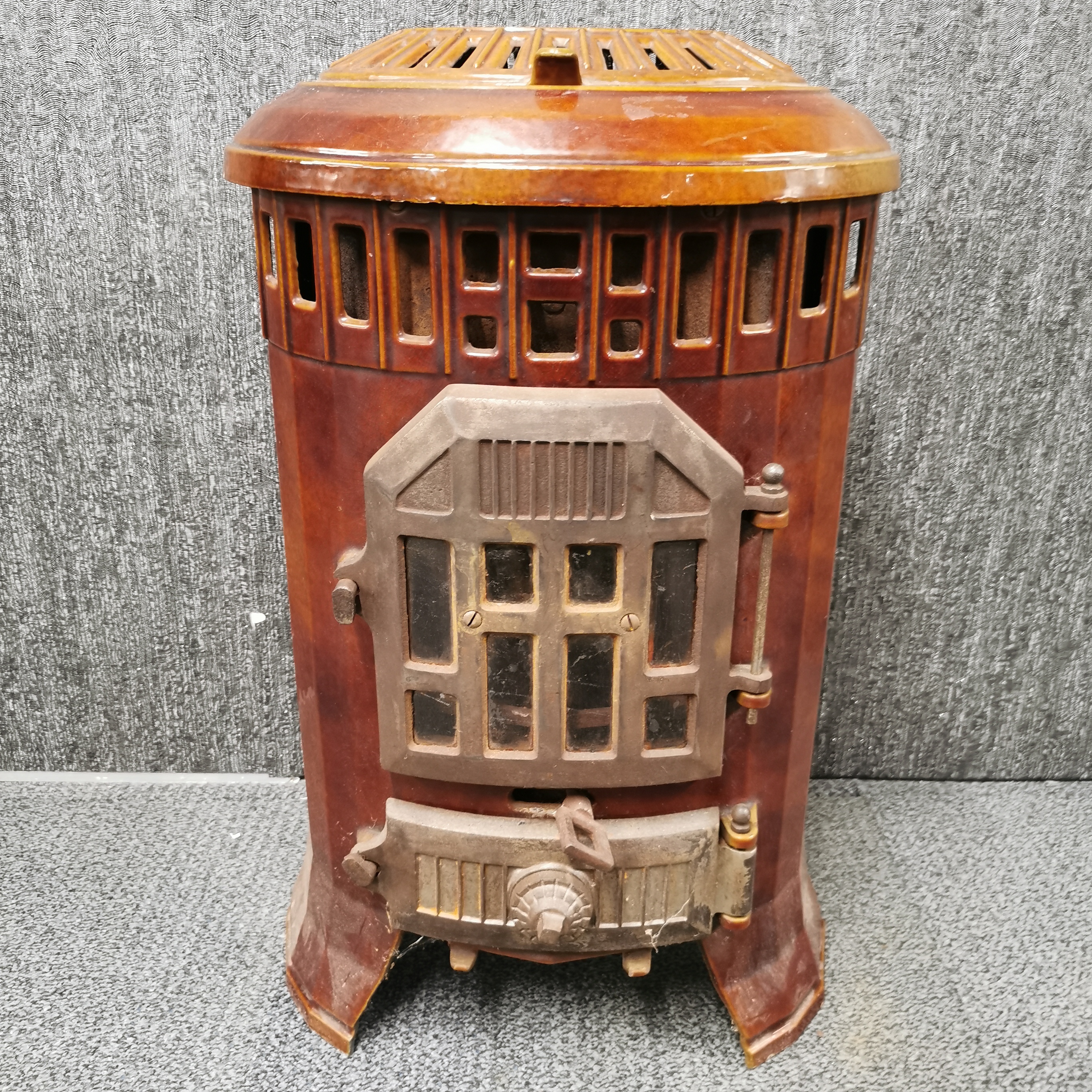 An antique French brown enamelled wood burning stove, 65 x 40 x 30cm. - Image 3 of 15